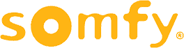 Somfy logo with the brand name in lowercase white letters on a yellow-orange background, representing a leading home automation company for windows coverings and blinds installers.