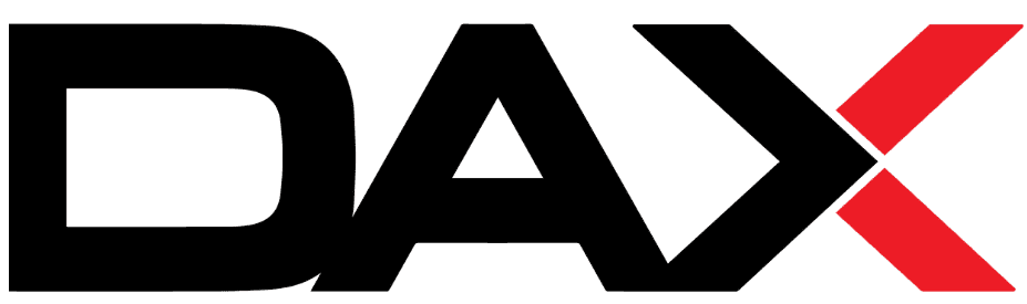 The image displays the word "DAX" in bold, black capital letters, with the letter "X" in red, set against a transparent background—ideal branding for a blinds installer or exterior window shades business.