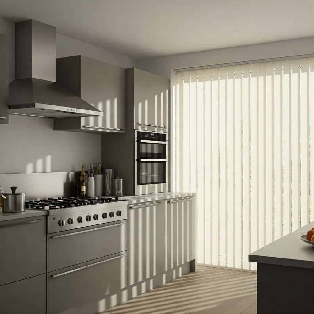 Modern kitchen with gray cabinets, a stainless steel stove and hood, built-in ovens, and vertical blinds letting sunlight create striped shadows across the room. Bottles and utensils rest on the countertop beneath stylish windows coverings.