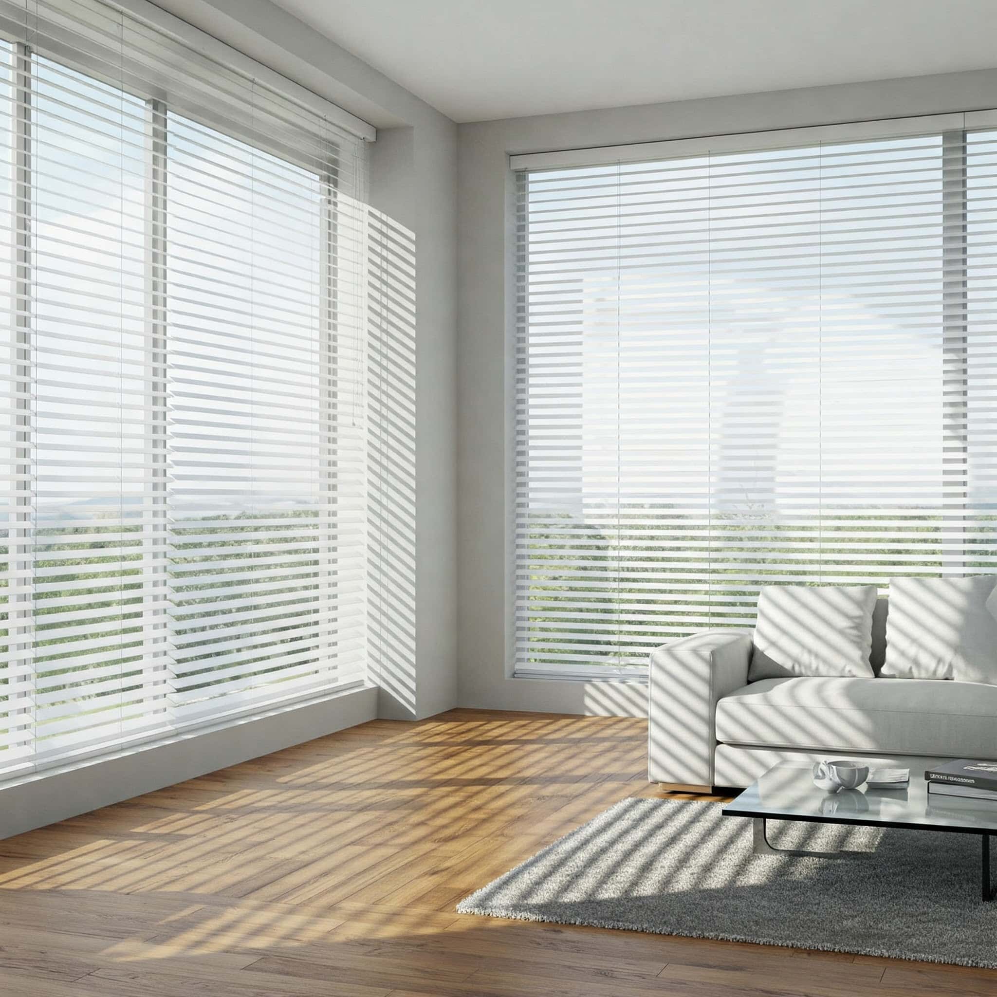 A bright, modern living room with large windows covered by horizontal blinds from a skilled Blinds Installer, sunlight streaming in and casting shadows on a wooden floor. There is a light gray sofa, a glass coffee table, and a textured rug.