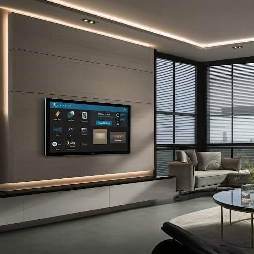 Modern living room by a top home design company Miami-Dade & Broward County, featuring a wall-mounted smart TV, gray sofa, glass coffee table, large windows with blinds, cityscape views, and warm lighting that highlights the contemporary decor.