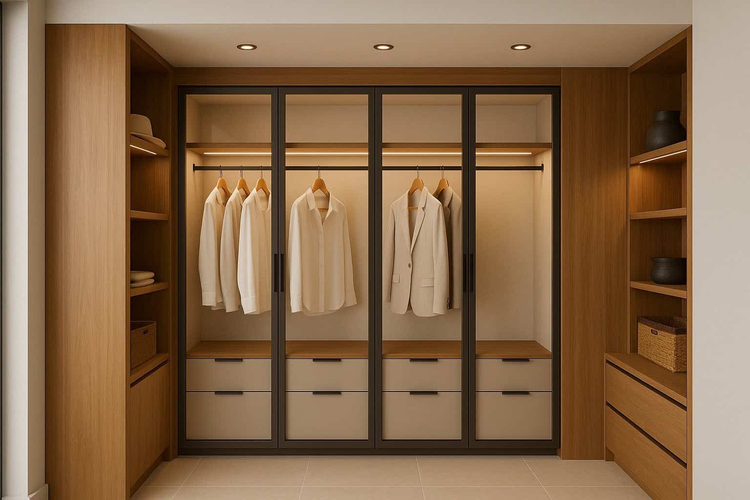 A modern, minimalist wooden wardrobe with sliding glass doors, neatly hanging white shirts and jackets, shelves with baskets and decor, and multiple drawers below. Warm lighting complements stylish windows treatments in the space.