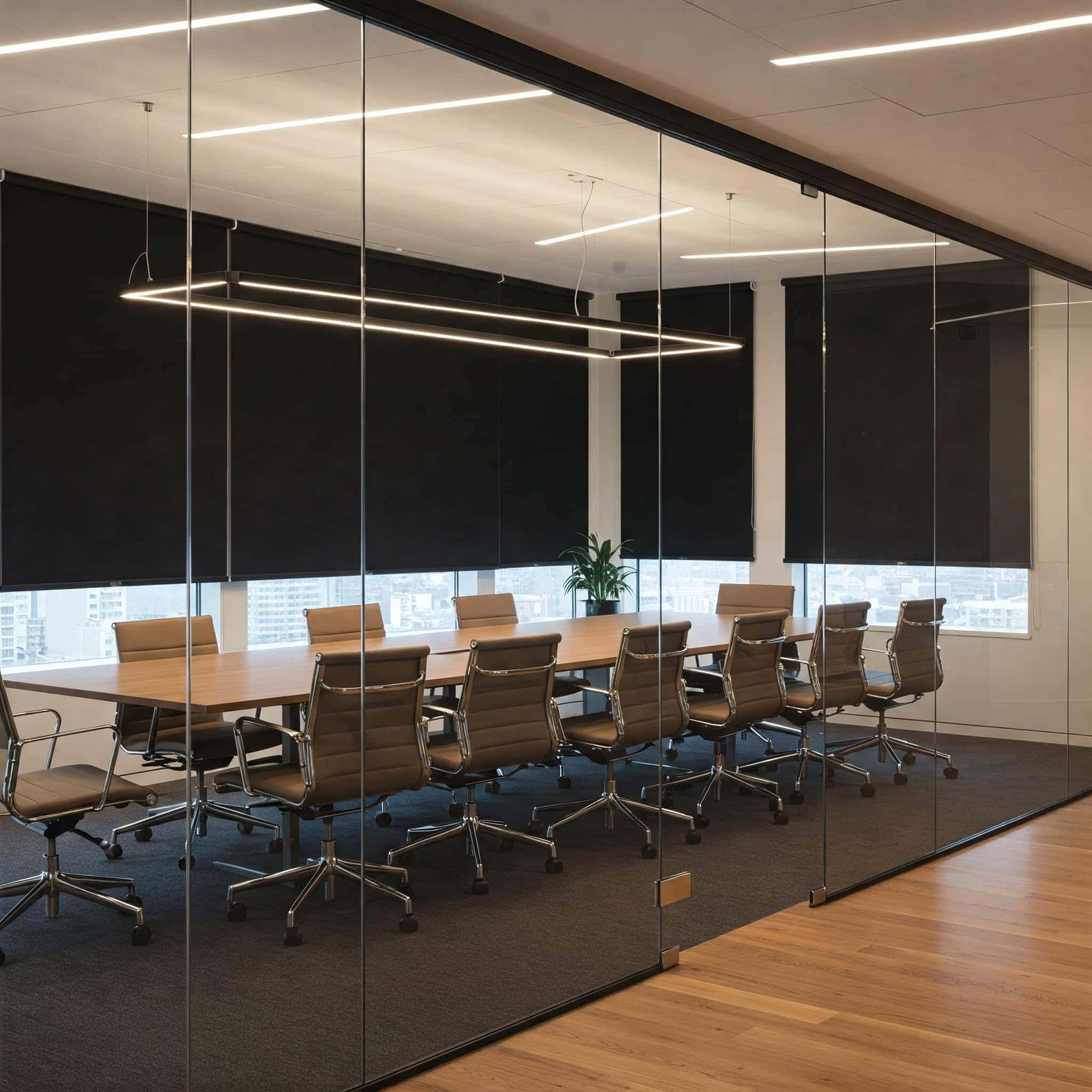 A modern conference room with a long wooden table, tan office chairs, wood flooring, and glass walls. Large windows feature sleek black window coverings, and the well-lit space is enhanced by smart solutions from a leading home automation company.