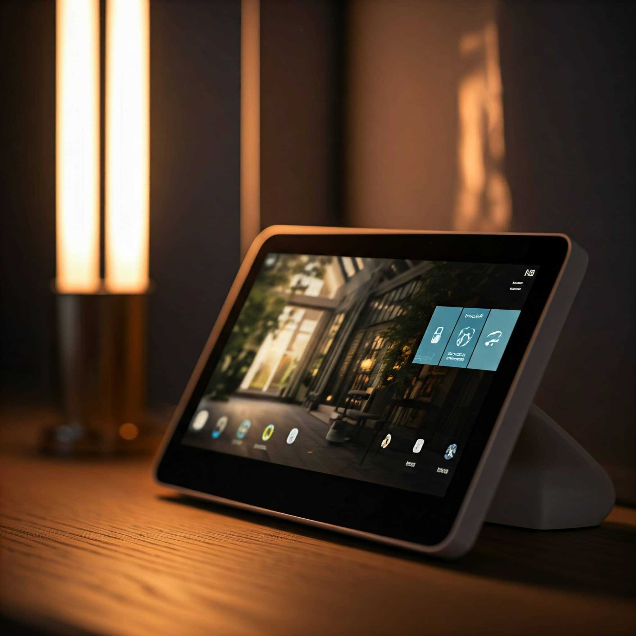 A smart home control tablet sits on a wooden surface near a warm-lit lamp, displaying home automation options&mdash;like blackout shades and windows treatments&mdash;on its screen in a cozy, modern room.