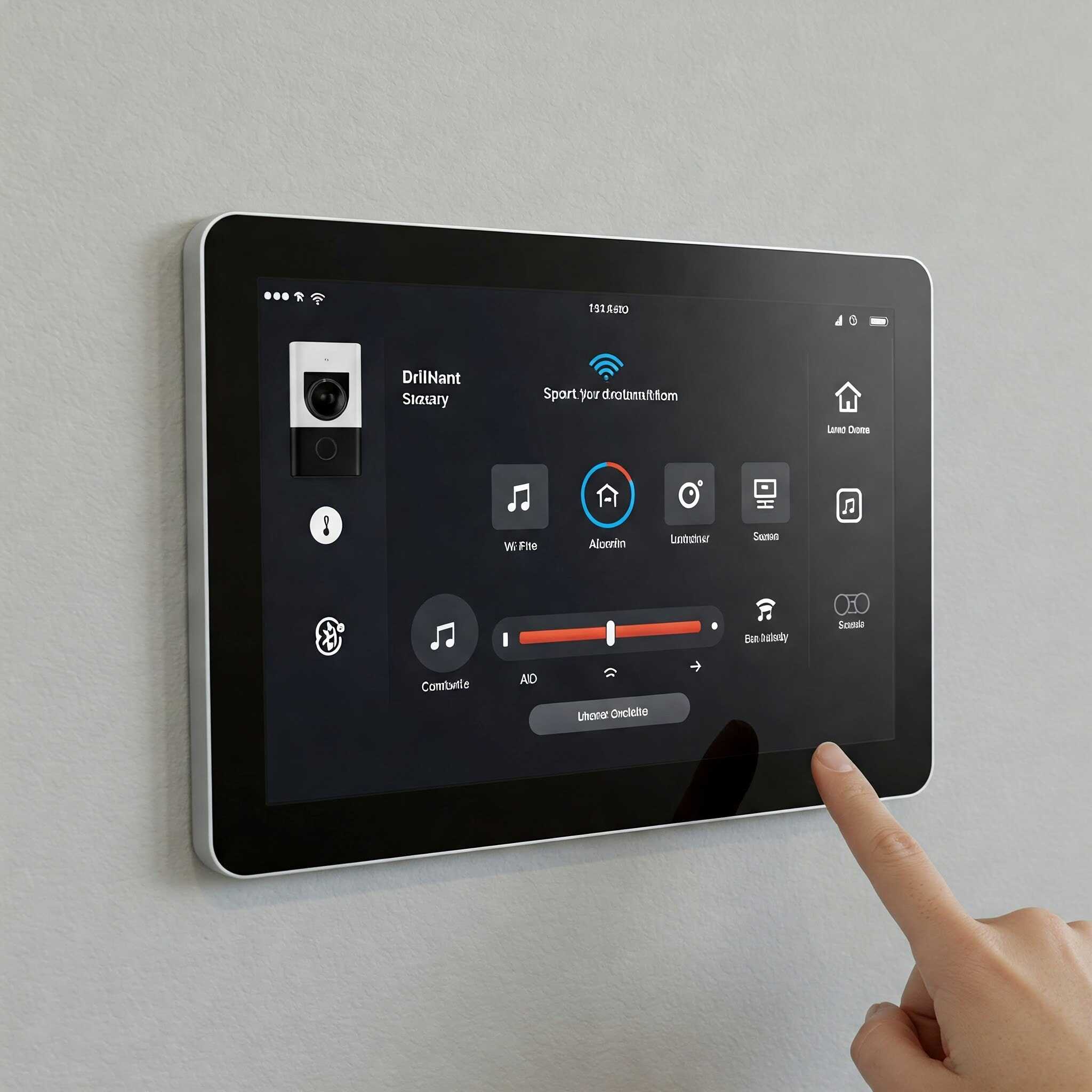 A person’s finger touches a touchscreen smart home control panel mounted on a wall, displaying options for security, lighting, music, climate control, and Exterior Window Shades installed by a trusted Home Automation Company.