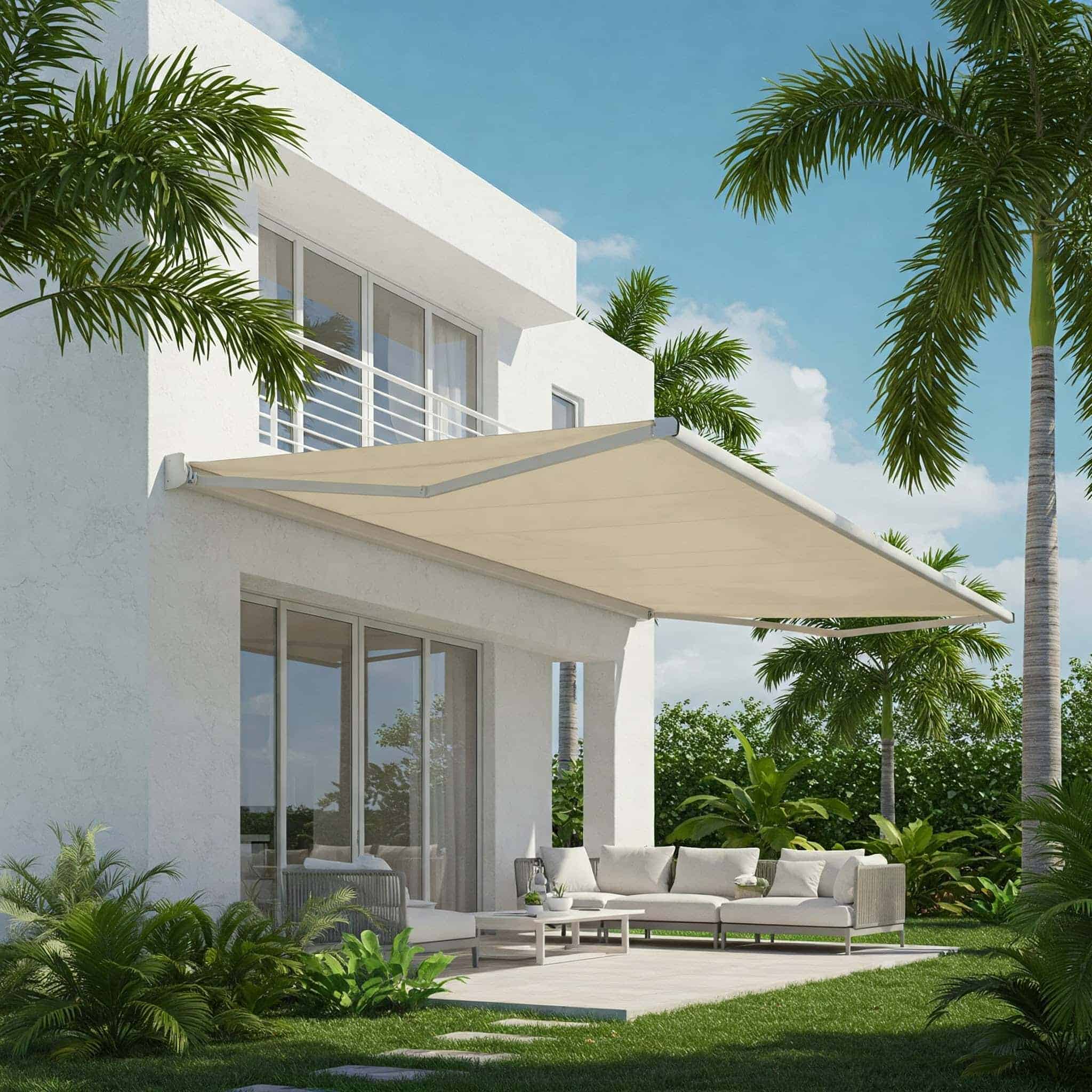 Modern white house with large windows featuring sleek windows treatments and a beige retractable awning shading a patio. The cushioned outdoor seating overlooks lush green plants and palm trees under a blue sky.