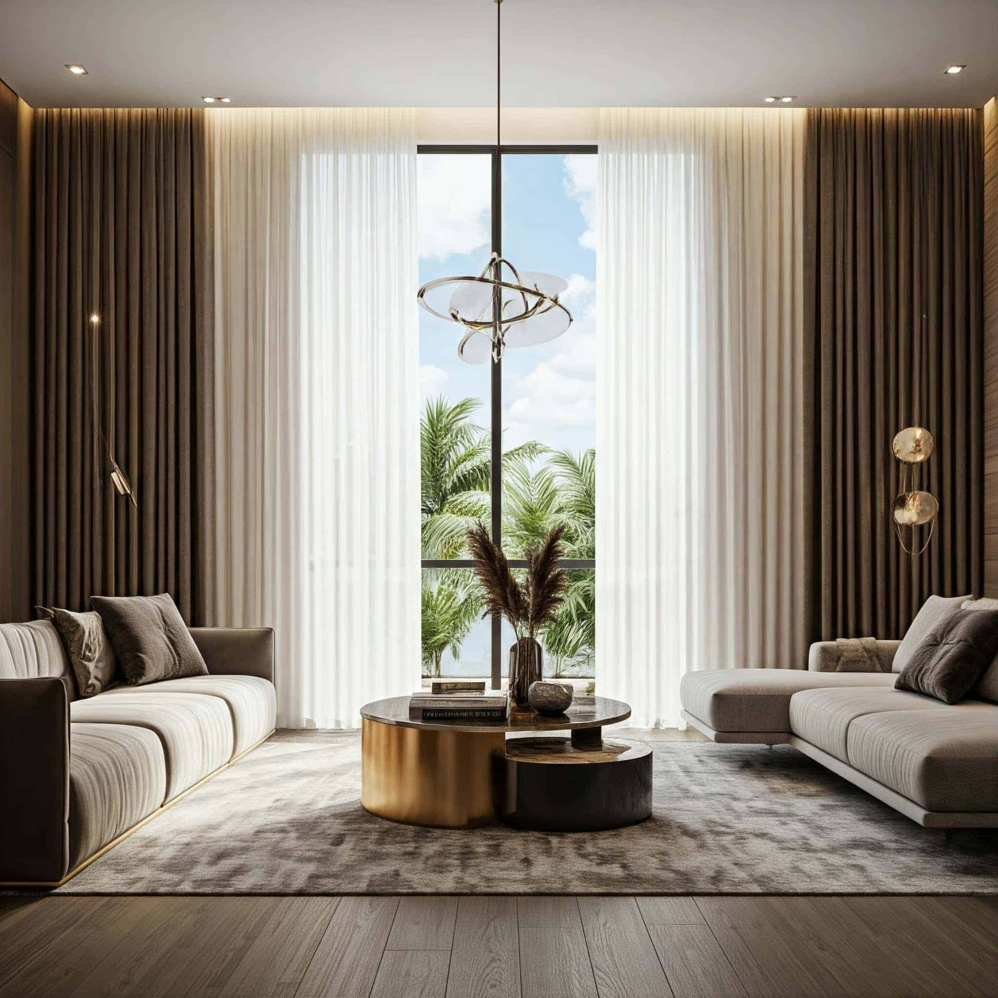 A modern living room with two white sofas, a round golden coffee table, tall curtains, and large windows overlooking palm trees and a blue sky. Neutral tones and decorative accents create a stylish, elegant atmosphere.