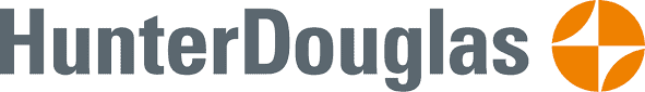 Hunter Douglas logo with the company name in bold gray letters and an orange, stylized circular symbol divided into four segments on the right.