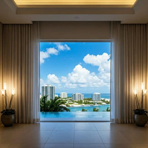 A modern room with tiled floors opens to a balcony featuring an infinity pool, overlooking high-rise buildings, palm trees, and a blue ocean under a bright sky with fluffy clouds.