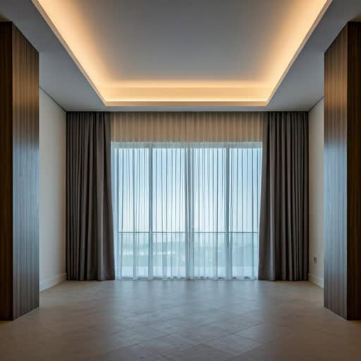 A modern, empty room with large floor-to-ceiling windows covered by sheer white curtains and gray drapes, warm recessed ceiling lighting, and tiled flooring.