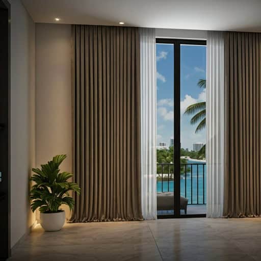 A modern room with beige floor tiles, a large window with taupe curtains, a potted green plant on the left, and a balcony view of a blue sky, palm tree, and distant buildings over water.