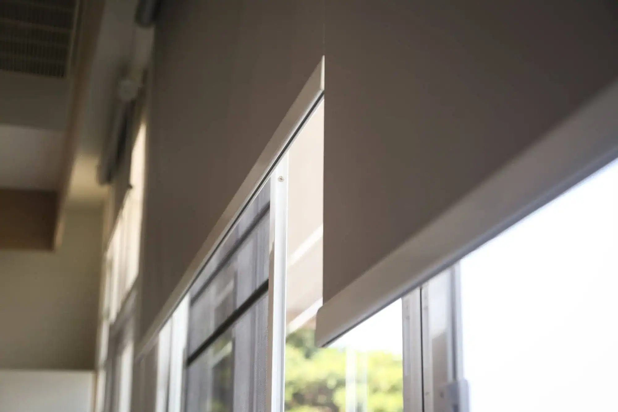 Close-up view of partially lowered roller blinds, a popular windows treatment in Miami-Dade County, FL, covering large glass windows with sunlight softly filtering through and a blurred outdoor scene in the background.