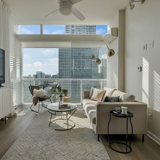 Modern living room with large windows featuring windows treatments Miami-Dade County. The space offers a beige sofa, round coffee table, armchair, and indoor plants—natural light streams in, highlighting the neutral-toned decor throughout this FL home.