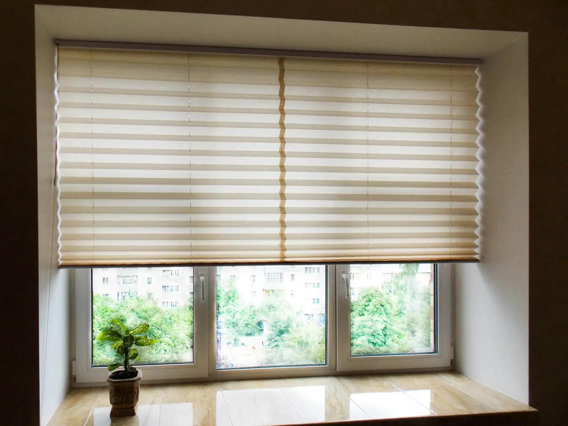 A window with three glass panes, covered by beige horizontal blinds—a classic example of windows treatments Miami-Dade County style. A small potted plant sits on the sill, with trees and FL apartment buildings visible outside.