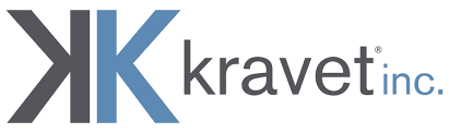 Kravet Inc. logo with a stylized "K" in dark gray and blue on the left, and the text "kravet inc." in lowercase to the right, known for high-quality windows treatments in Miami-Dade County, FL; "inc." appears in light blue.
