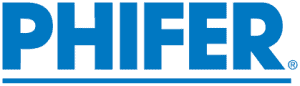 Blue text logo reads "PHIFER" in bold capital letters with a horizontal blue line underneath, representing quality windows treatments in Miami-Dade County, FL.