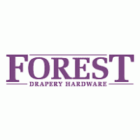 Logo for Forest Drapery Hardware. The word "FOREST" is in large, bold, purple capital letters, with "DRAPERY HARDWARE" in smaller purple letters centered below it. Perfect for FL windows treatments Miami-Dade County. The background is white.
