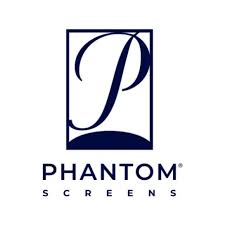 Logo for Phantom Screens featuring a large, stylized letter "P" inside a rectangular frame above the words "PHANTOM SCREENS" in bold, capital letters—ideal for windows treatments in Miami-Dade County, FL.