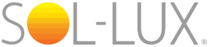 The SOL-LUX logo features the text "SOL-LUX" in gray letters, with the "O" illustrated as a yellow and orange gradient sun—reflecting their expertise in windows treatments Miami-Dade County, FL.