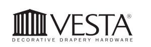 Logo for Vesta Decorative Drapery Hardware, featuring a stylized columned building graphic to the left of the brand name in bold letters—perfect for windows treatments in Miami-Dade County, FL.