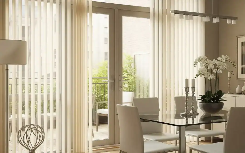 A modern dining room by a top home design company Miami-Dade & Broward County, FL features a glass table, white chairs, and white orchids. Large windows with vertical blinds fill the space with light and offer views of an inviting outdoor patio.