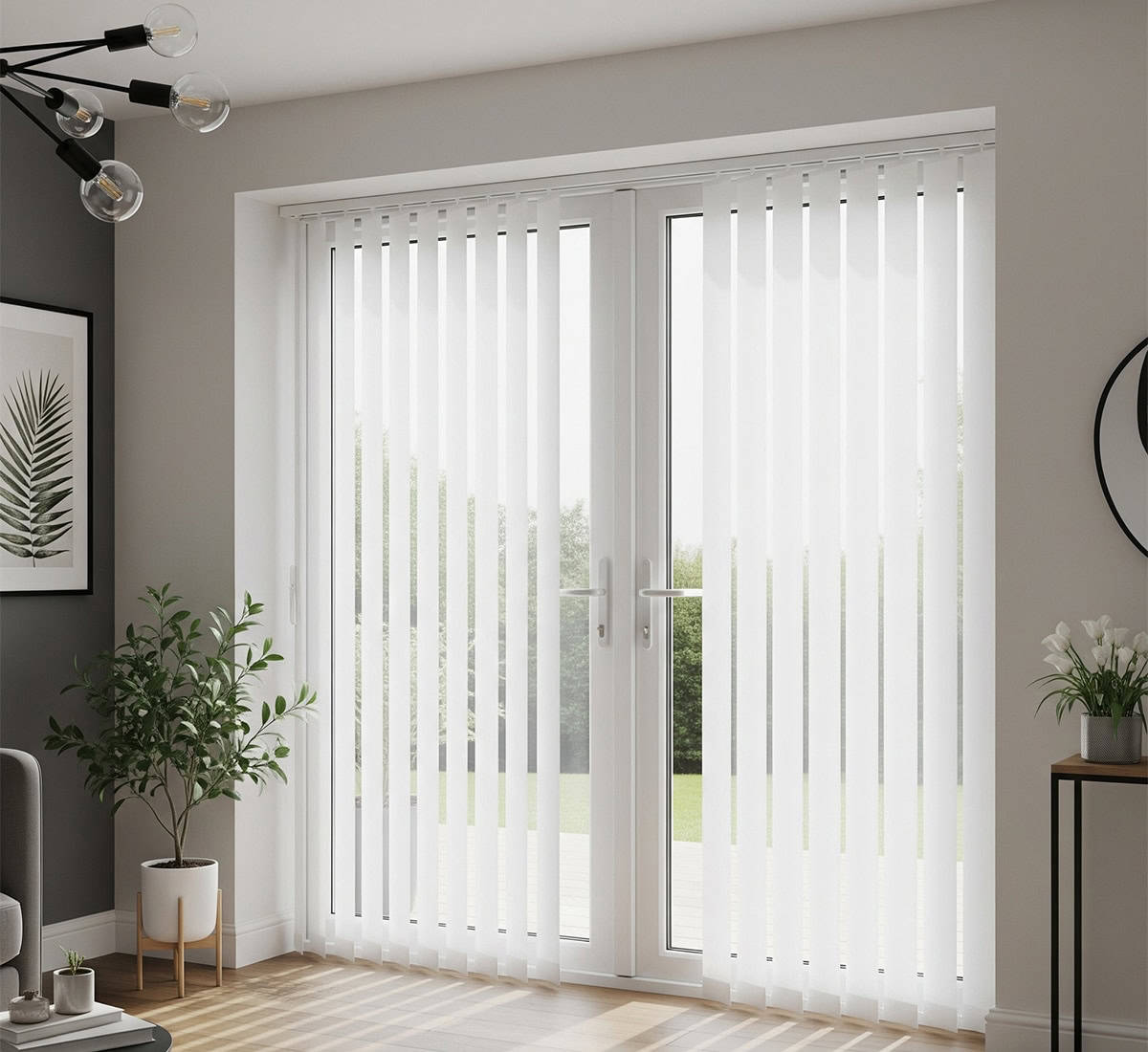 A bright room with white vertical blinds covering glass patio doors, letting in natural light. There are potted plants, a framed leaf print, and a round mirror decorating the modern, minimalist space.