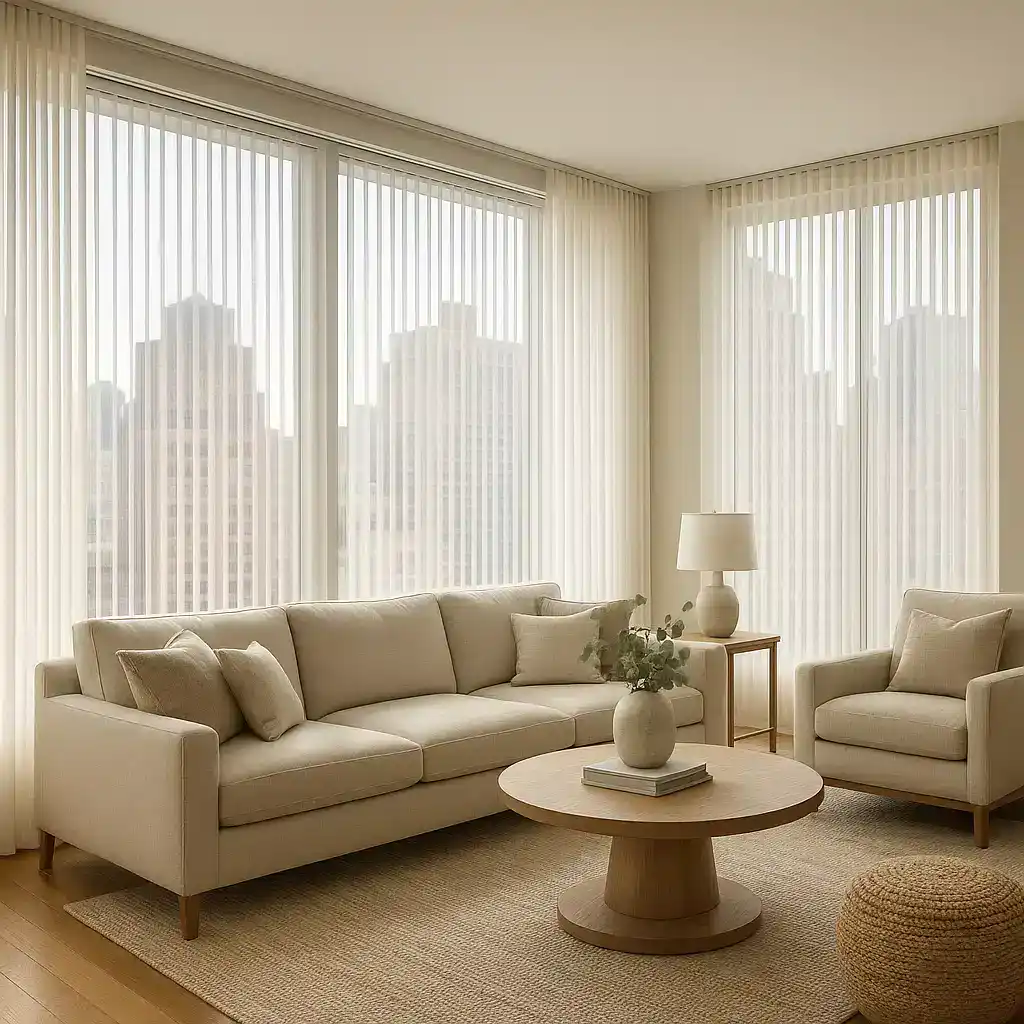 A modern living room with large windows covered by vertical blinds from Interior Exterior Custom Design, a beige sofa, matching armchair, round wooden coffee table, neutral rug, and city skyline visible in the background—perfect for Broward County living.