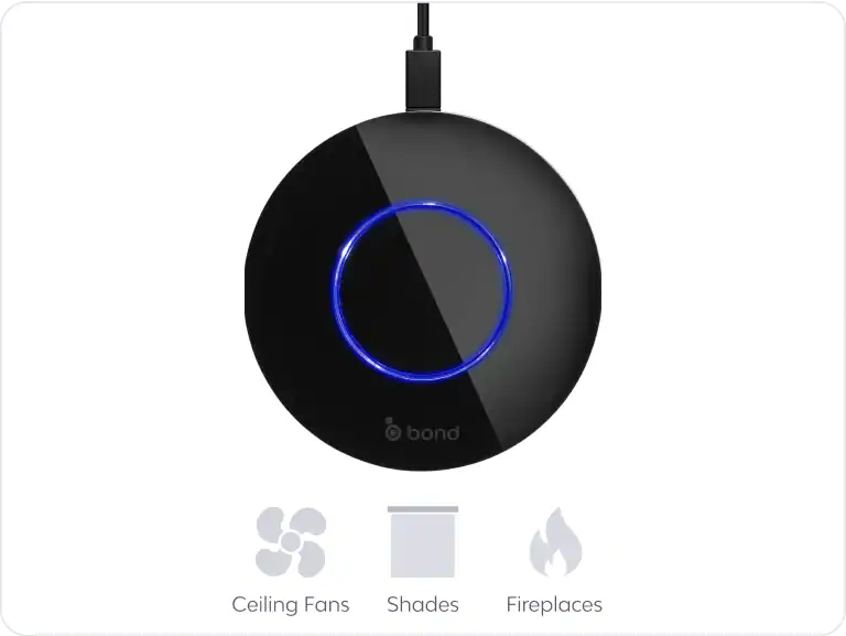 A black, round smart home device with a glowing blue ring, labeled "bond," is shown above icons for ceiling fans, shades, and fireplaces, indicating its control capabilities.