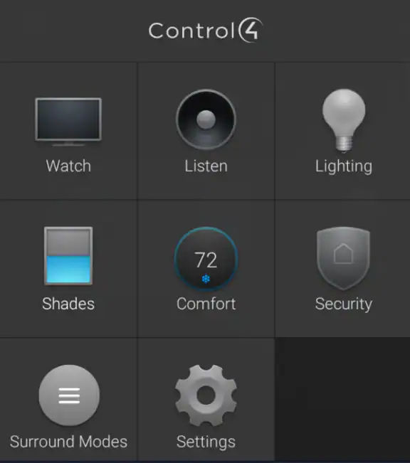 A smart home control panel interface with icons labeled Watch, Listen, Lighting, Shades, Comfort (72°), Security, Surround Modes, and Settings. Each icon represents a different home automation feature.