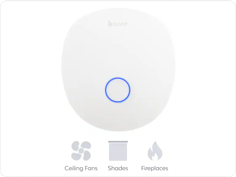 A white, round Bond smart home device with a blue-lit ring in the center. Icons below indicate controls for ceiling fans, shades, and fireplaces.