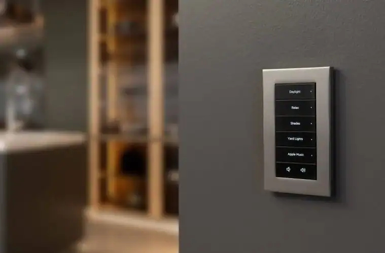 A modern touchscreen control panel is mounted on a gray wall, displaying options such as daylight, relax, shades, yard lights, and Apple Music. The background shows a blurred interior room.