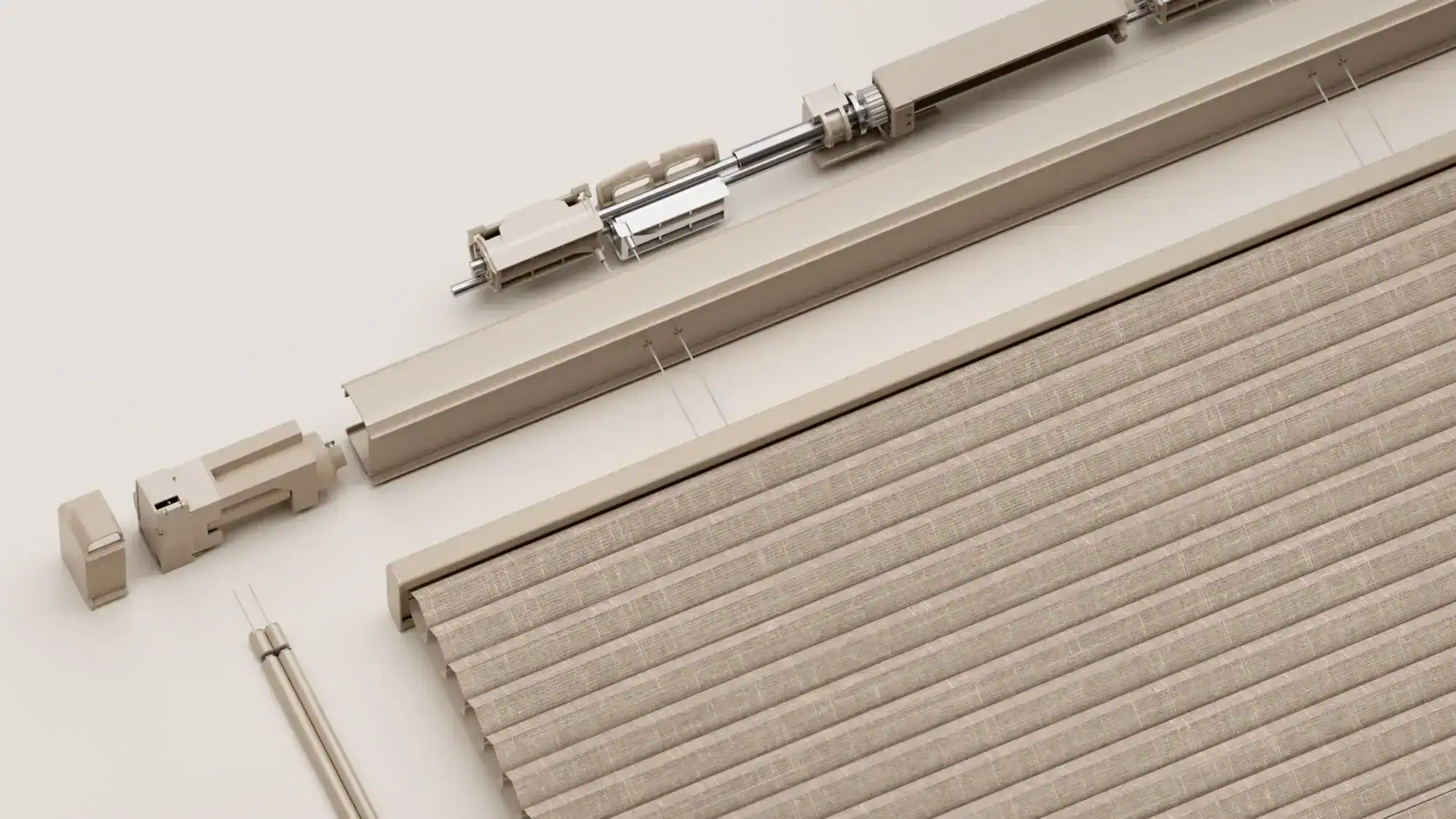 Components of a beige window shade with roller mechanism laid out on a surface.