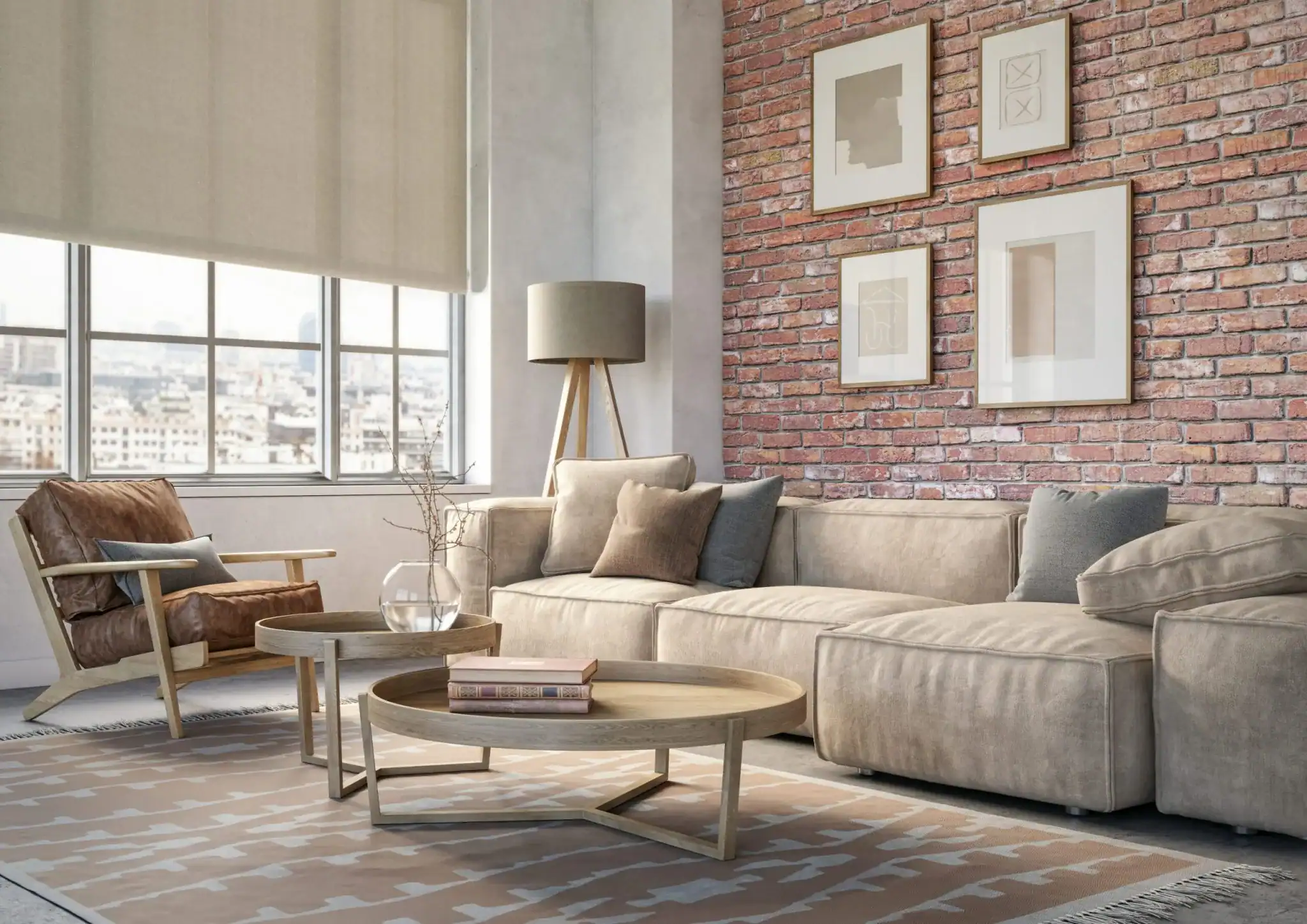 Cozy living room with beige sofa, armchair, and city view.