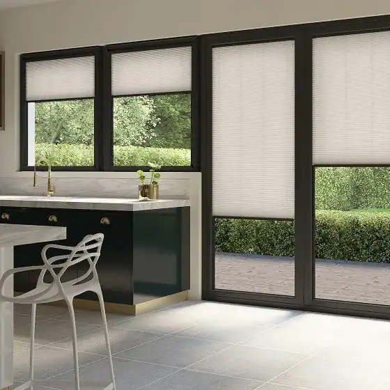Modern kitchen design featuring black cabinetry and large windows with blinds