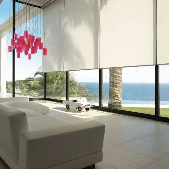 Luxurious living room with large windows and ocean view