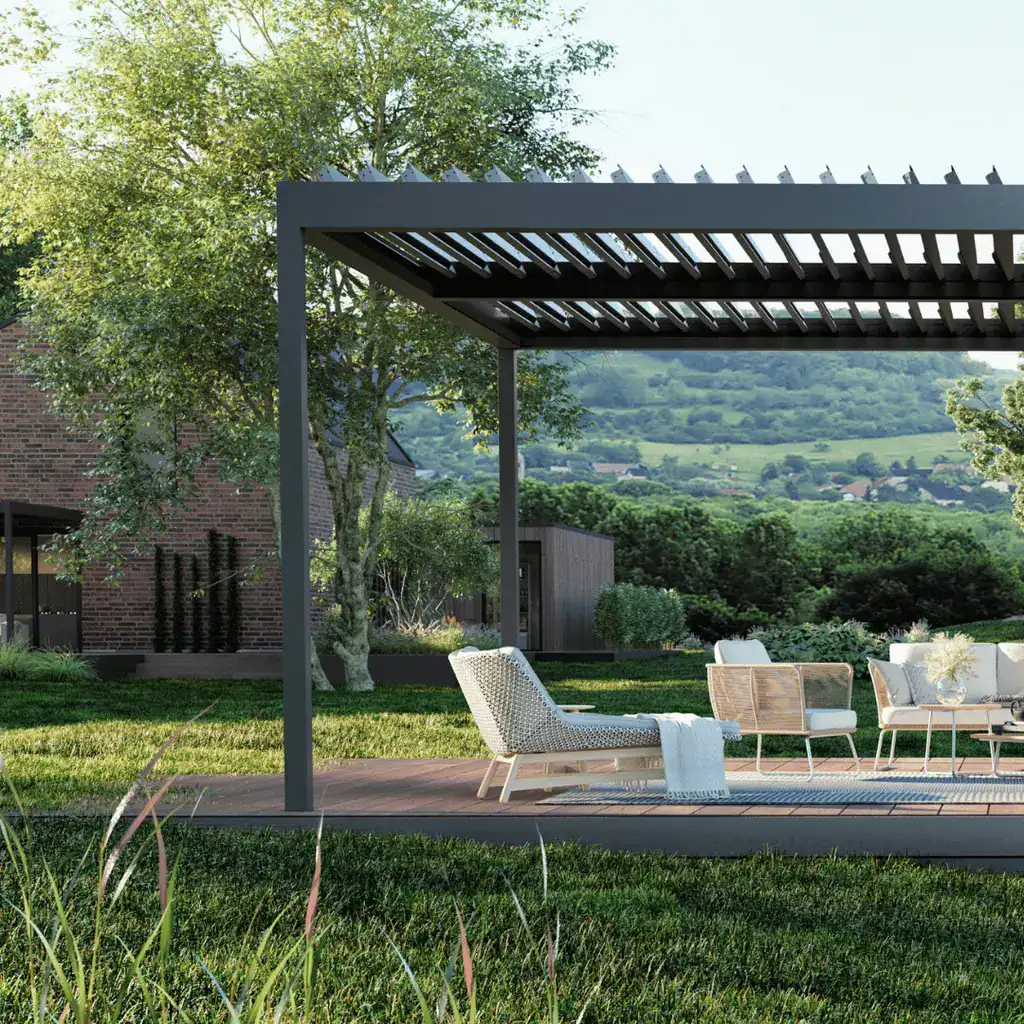 Contemporary outdoor pergola with seating in a lush garden setting.