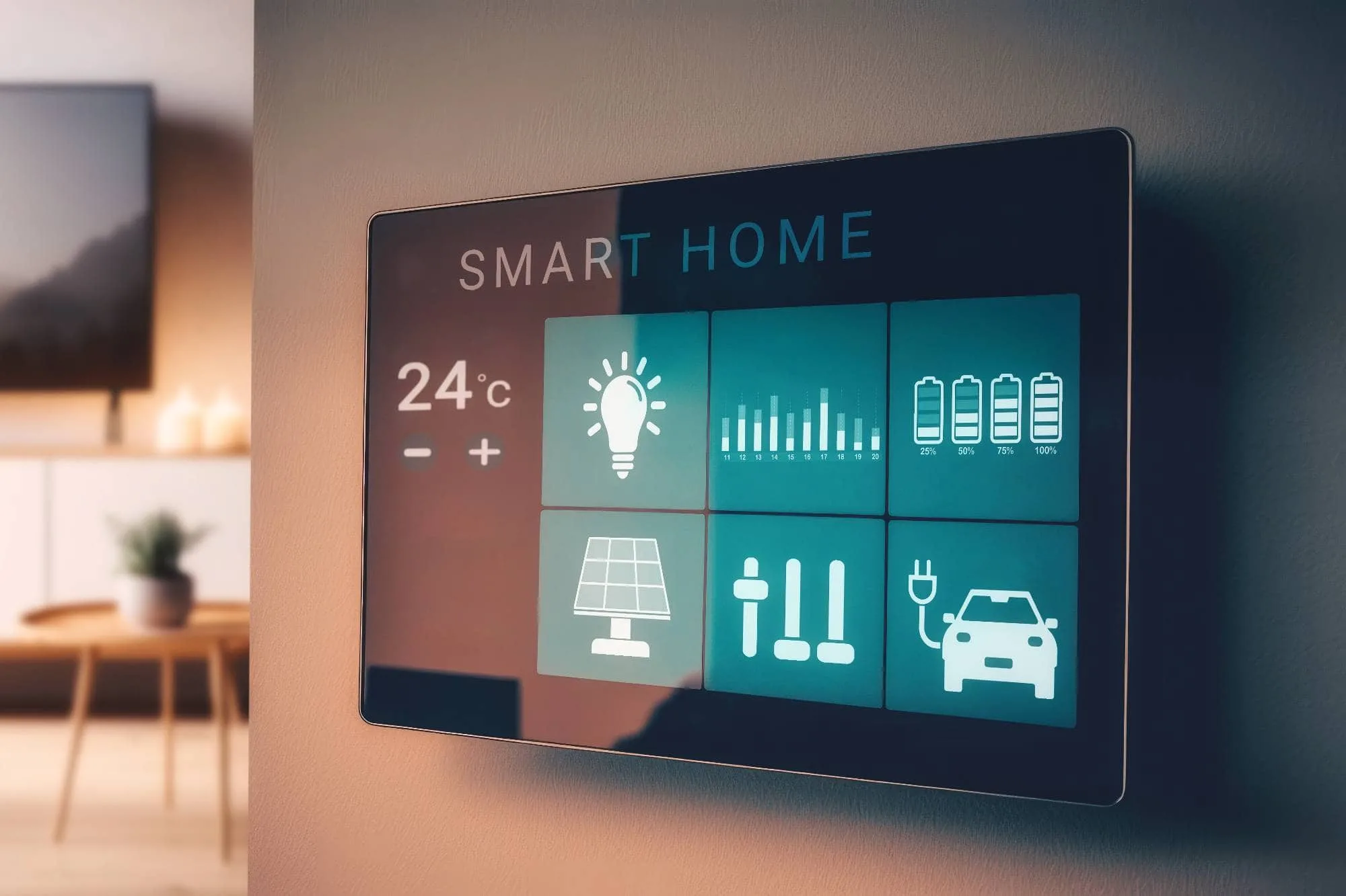 Wall-mounted smart home panel displaying controls for temperature, lighting, and energy.