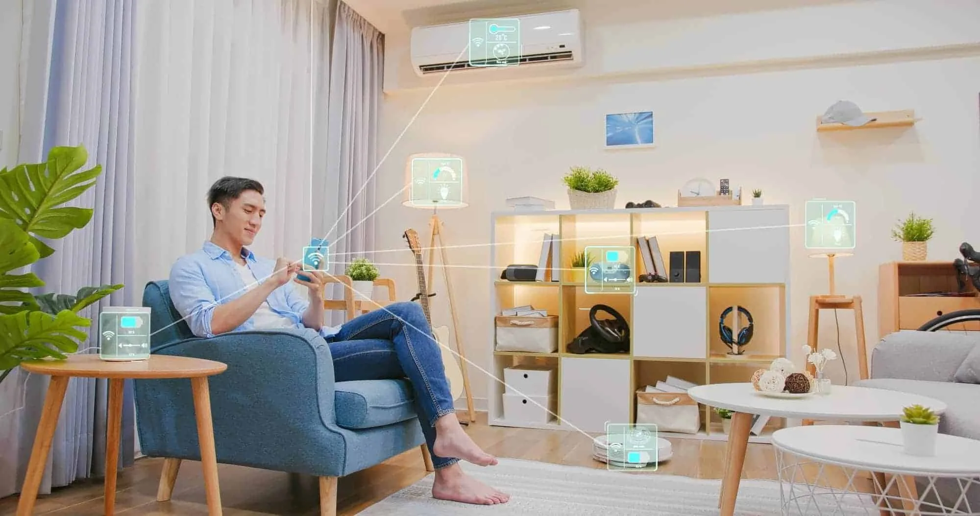 Man using smartphone for smart home automation in a modern living room.