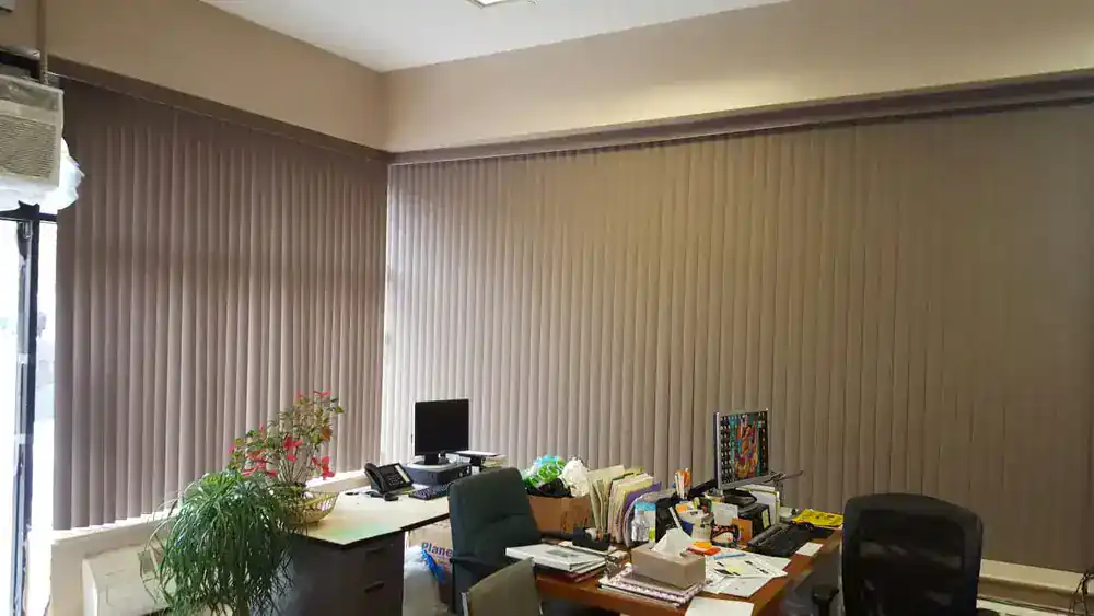 An office with two desks, computers, office chairs, potted plants, and large vertical blinds covering the windows on two walls. Featuring an Interior Exterior Custom Design, this Broward County workspace has papers and supplies scattered on the desks.