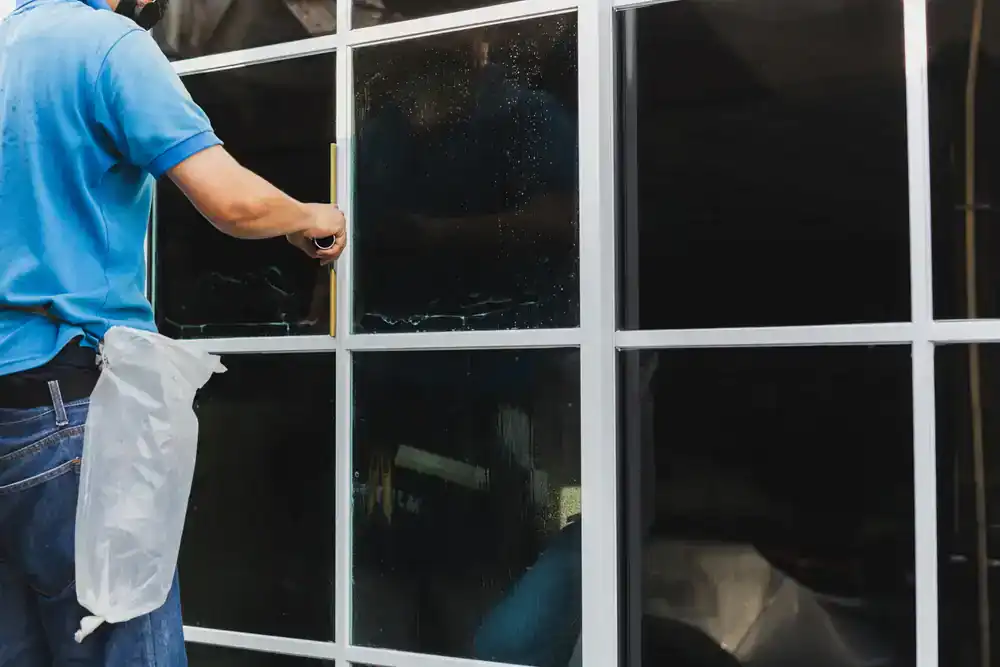 A person in a blue shirt is cleaning large glass windows with a squeegee in front of a grid of window panes, showcasing pristine care for both interior exterior custom design. A spray bottle hangs from their belt as they work.