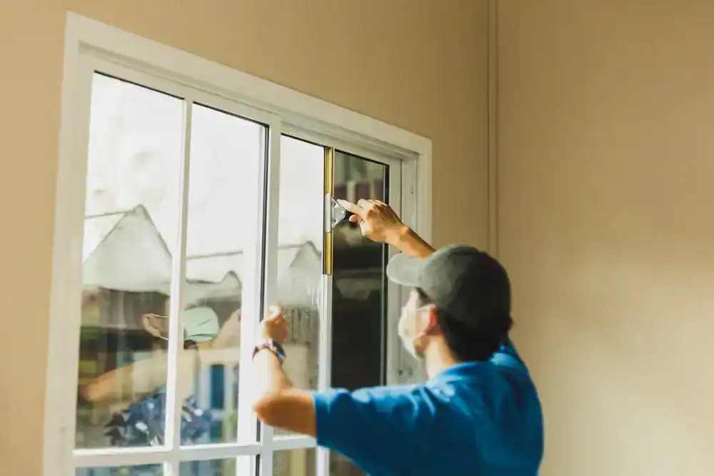 A person wearing a blue shirt, cap, and face mask uses a tool to install or clean a glass sliding window inside a room with beige walls, showcasing Interior Exterior Custom Design expertise in Broward County.