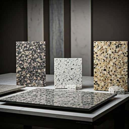 A display of granite countertop samples in various colors and speckled patterns, arranged upright and flat on a table in the Interior Exterior Custom Design showroom with neutral background panels in Broward County.
