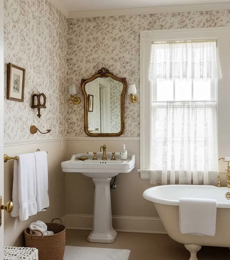 Floral wallpaper above white paneling, with a pedestal sink, framed mirror and freestanding tub
